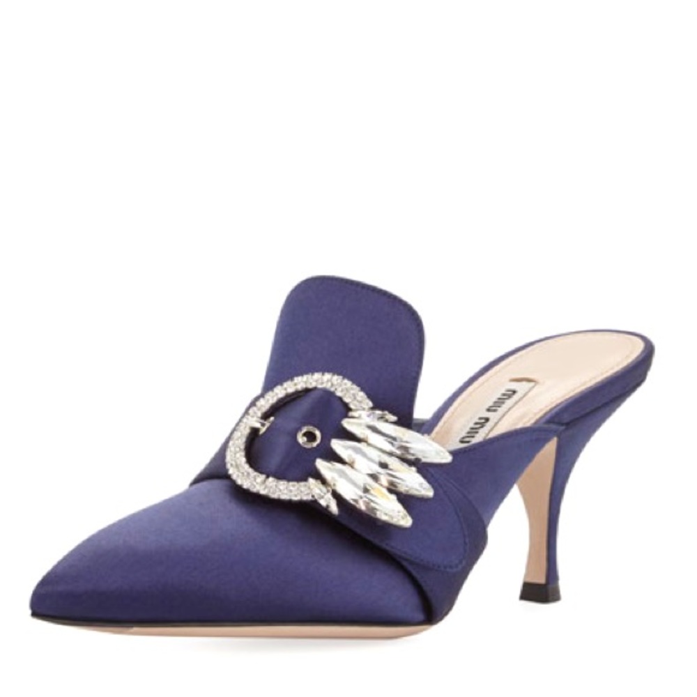 MIU MIU Satin Point-Toe Buckle Mule Pump